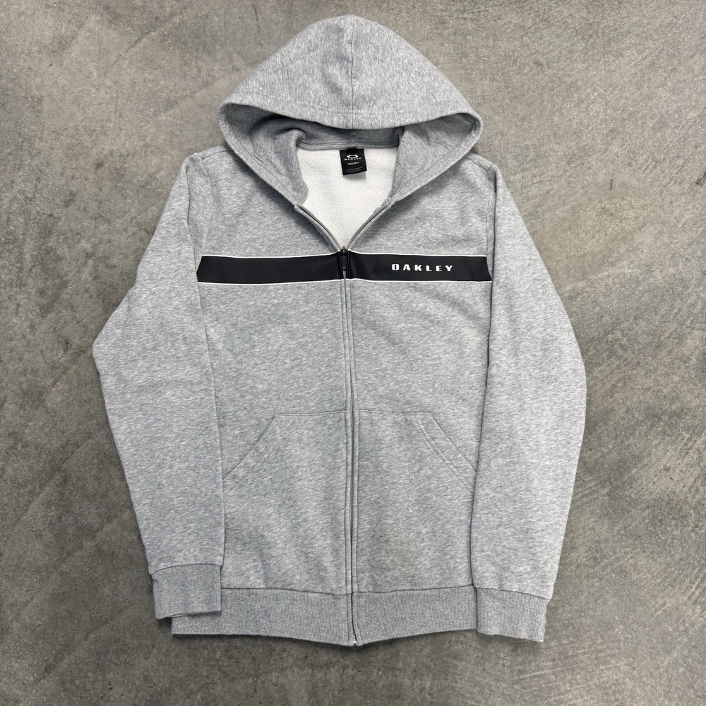 Oakley Men's Small Gray Full Zip Hoodie Black Stripe Spellout Logo Small